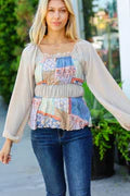 TAUPE DENIM ETHNIC PATCHWORK RUFFLE TIERED WOVEN TOP