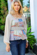 TAUPE DENIM ETHNIC PATCHWORK RUFFLE TIERED WOVEN TOP