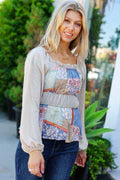 TAUPE DENIM ETHNIC PATCHWORK RUFFLE TIERED WOVEN TOP