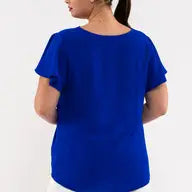 Royal Blue Scalloped V Neck Woven Top