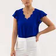 Royal Blue Scalloped V Neck Woven Top