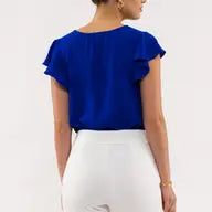 Royal Blue Scalloped V Neck Woven Top