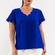 Royal Blue Scalloped V Neck Woven Top