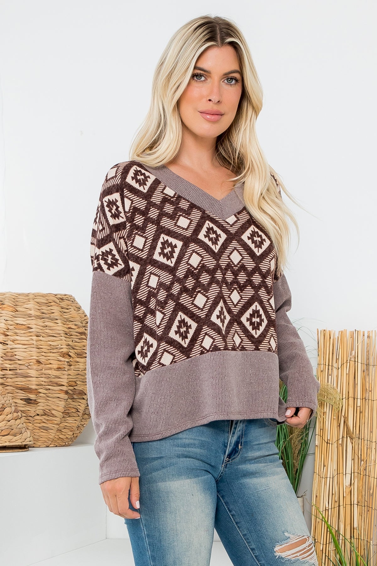 Brown Aztec bib lightweight sweater