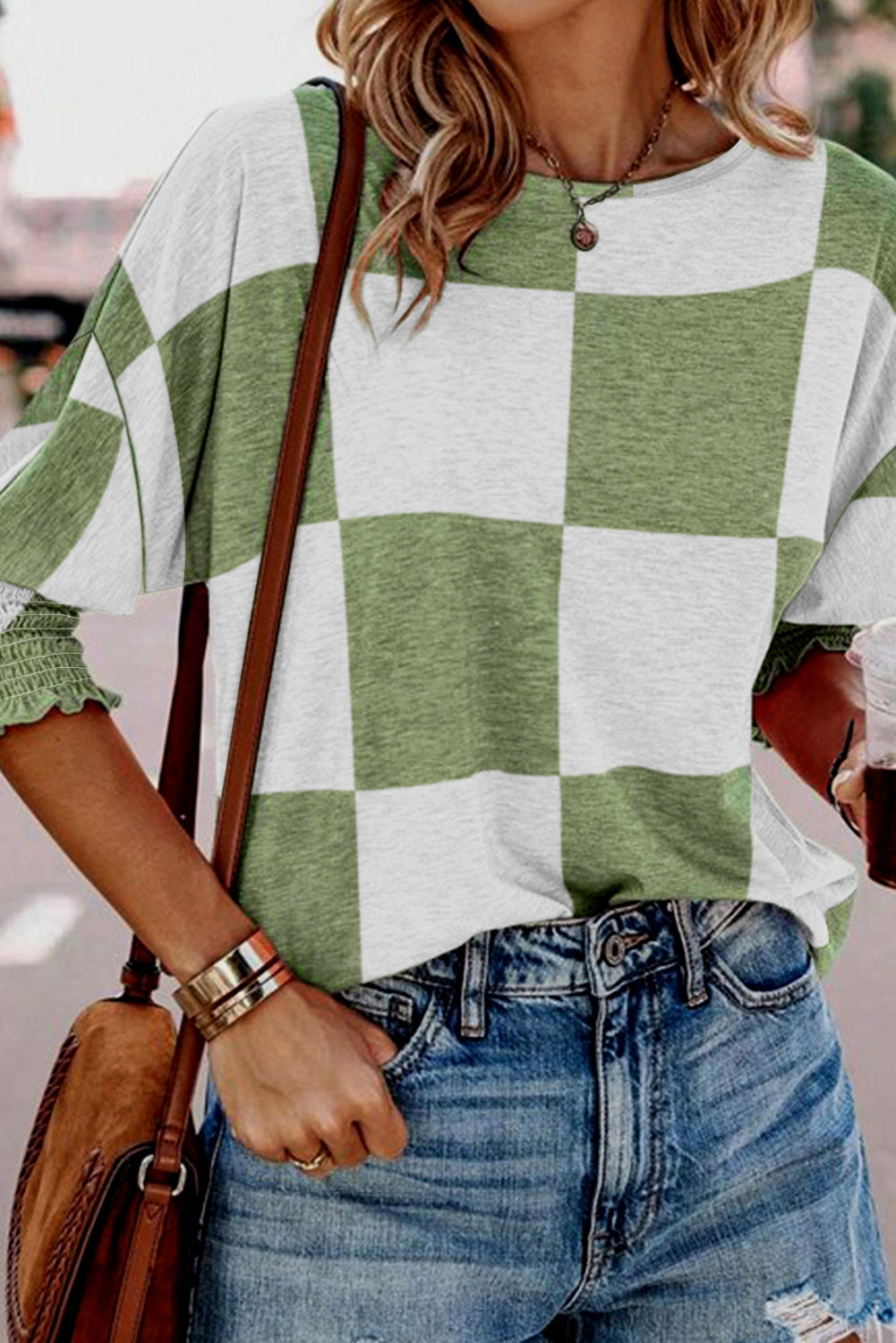 Green Checkered Print Shirred Cuffs Blouse