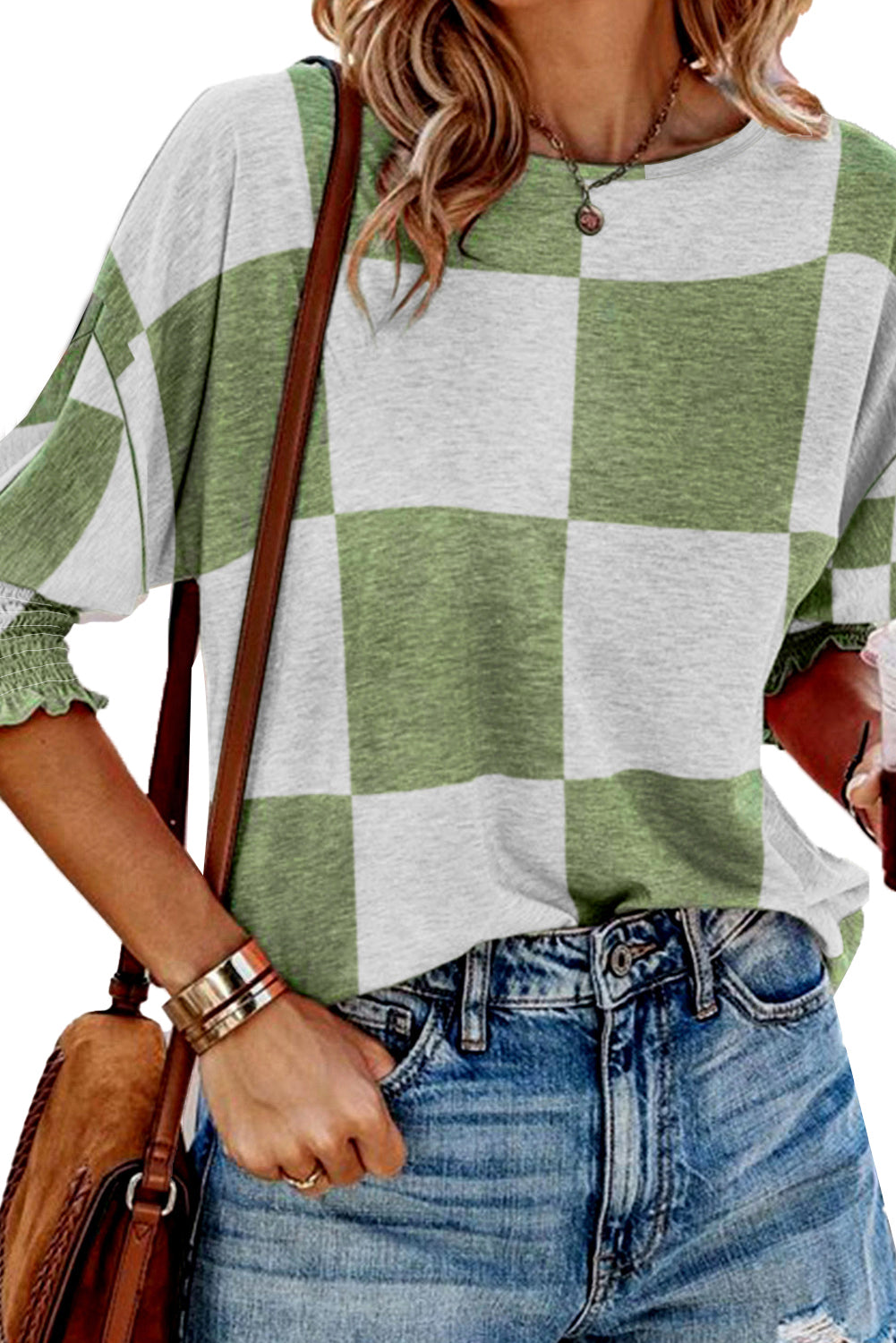 Green Checkered Print Shirred Cuffs Blouse