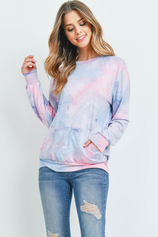 PINK DENIM TIE DYE POCKET PULLOVER