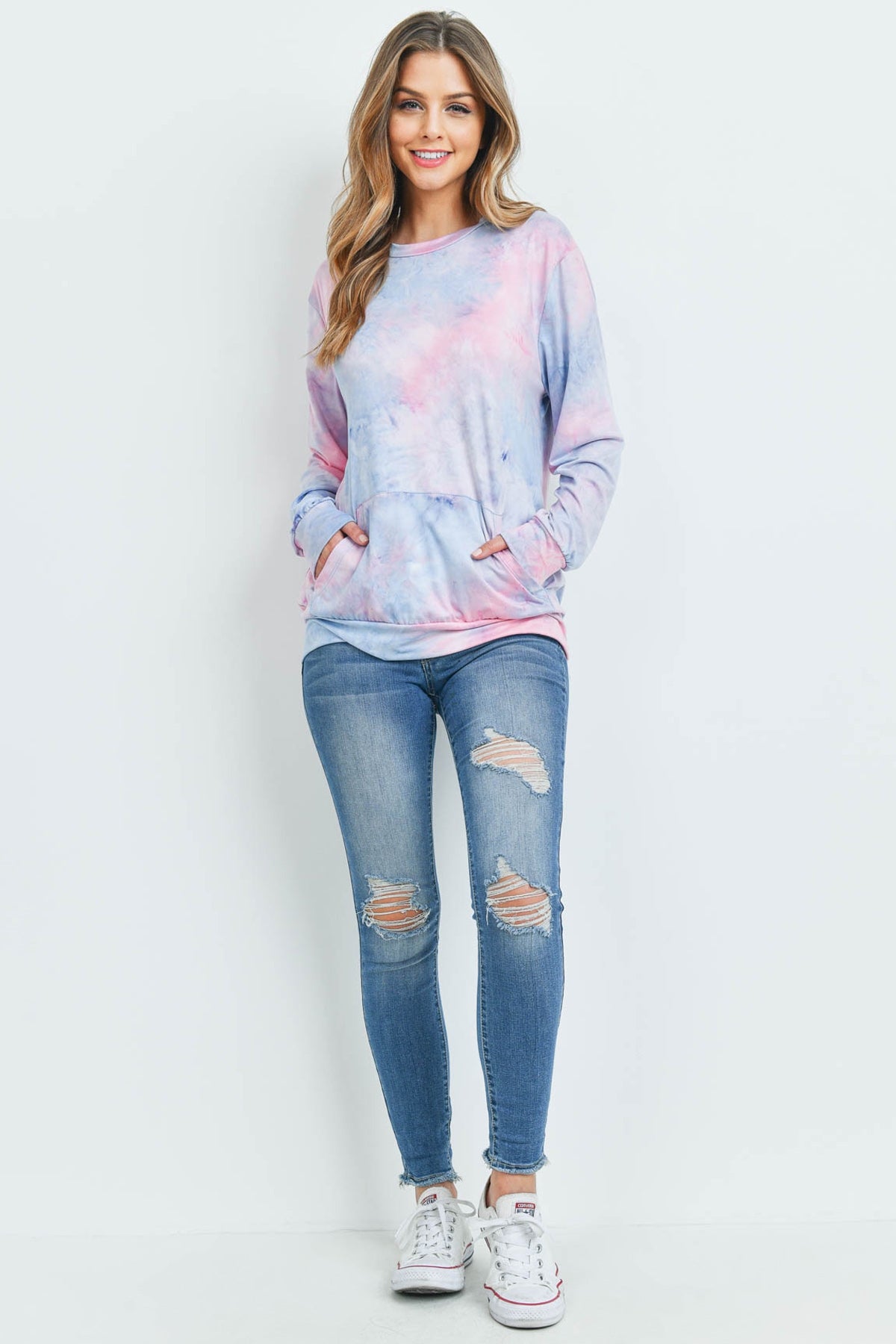 PINK DENIM TIE DYE POCKET PULLOVER