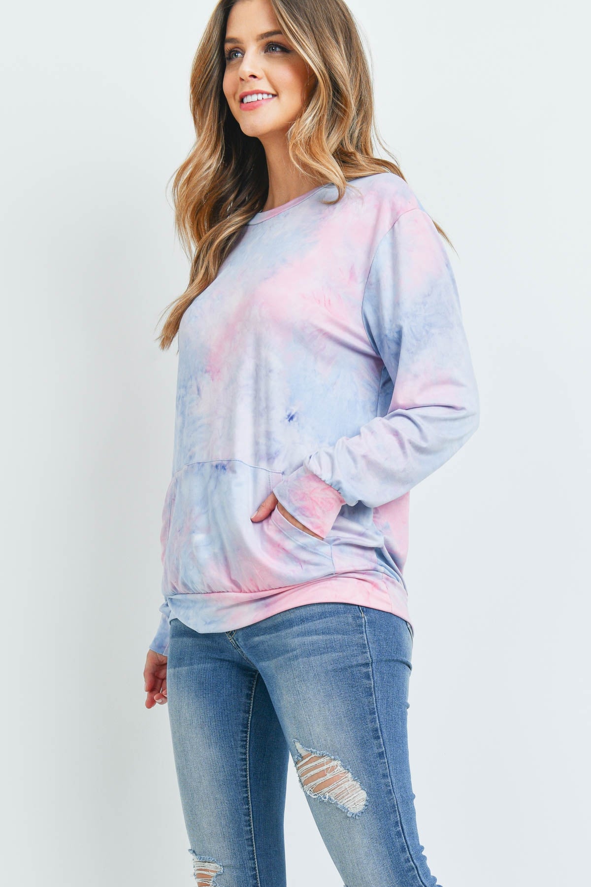 PINK DENIM TIE DYE POCKET PULLOVER