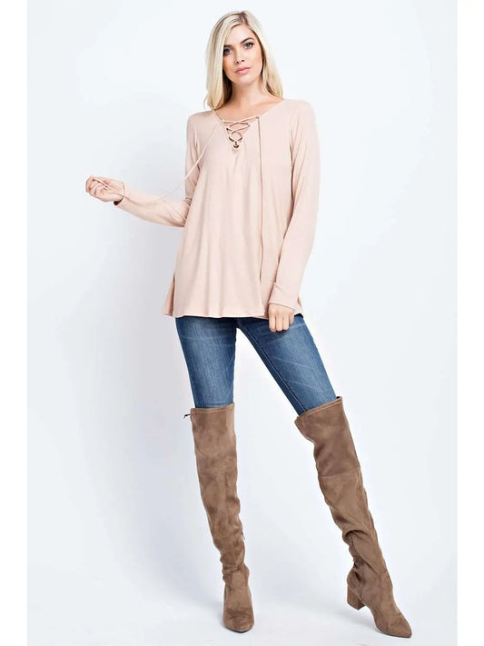 Lace Up Long Sleeve Solid Top Almond